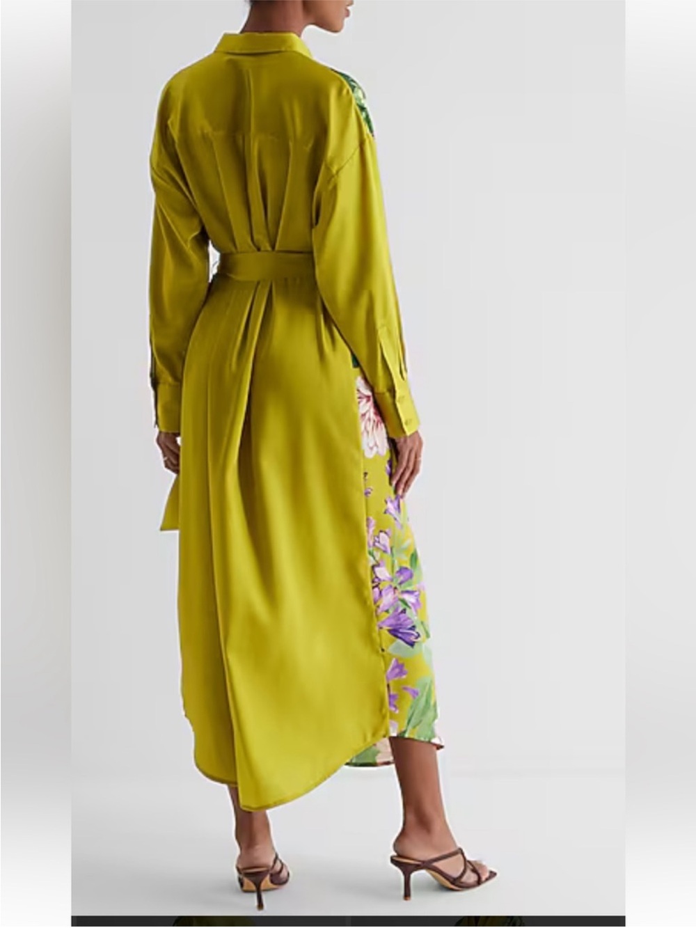 NWT Express Portofino Floral Tie-Waist Maxi Shirt Dress - Yellow Green - Picture 2 of 6